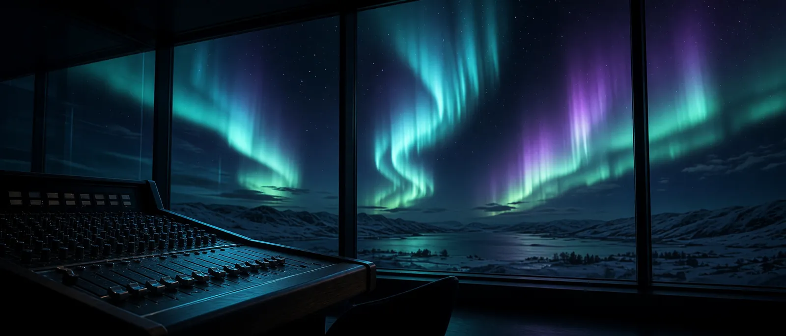 Night recording studio looking onto an aurora borealis. Original Grok Imagine still. No software interface.