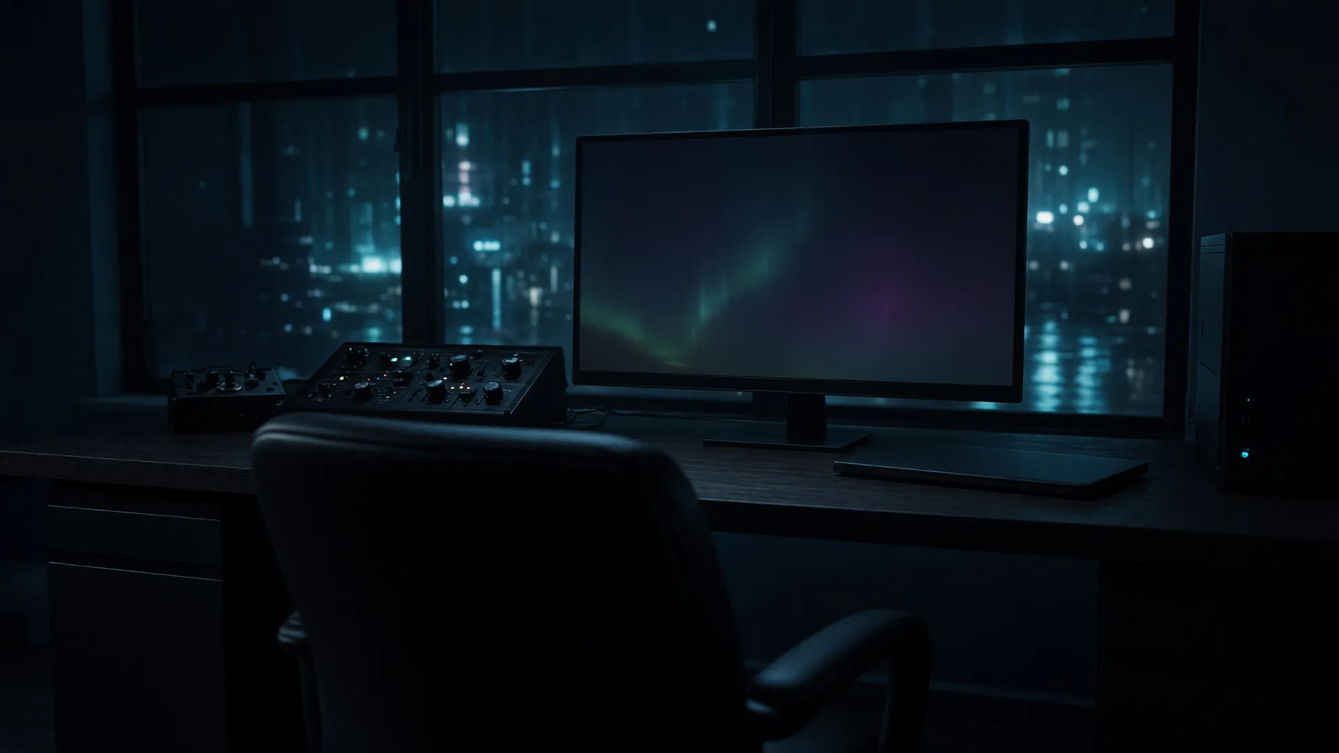 Night studio desk seen from behind an empty chair, dark glass, no software window. Original Grok Imagine still.