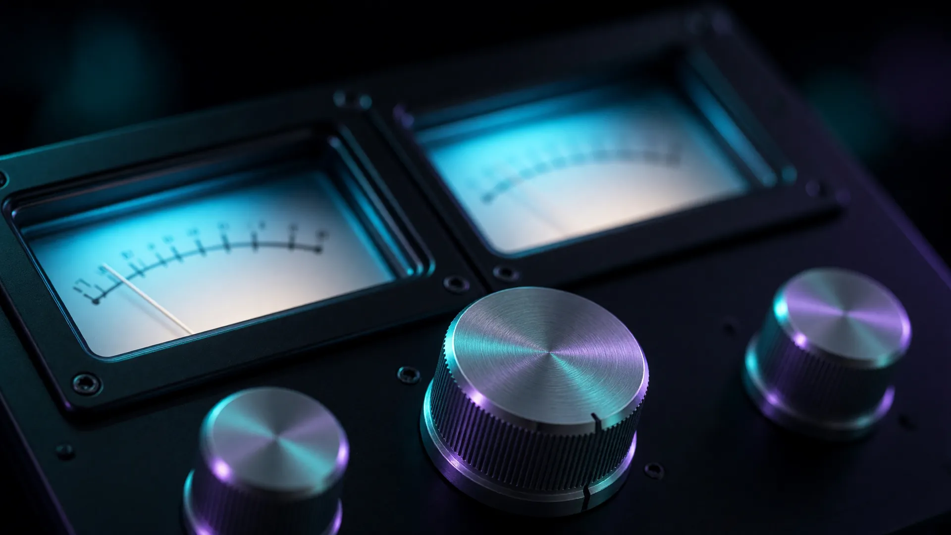 Close-up of brushed studio knobs and glowing analog meters. Original Grok Imagine still.