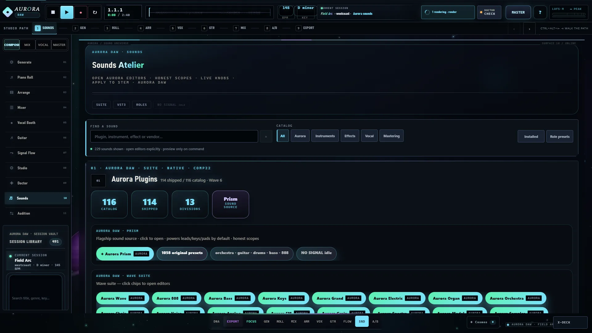 Aurora Sounds Atelier in the shipping Windows application: Aurora Prism as the original sound source, with factory instruments grouped by division.