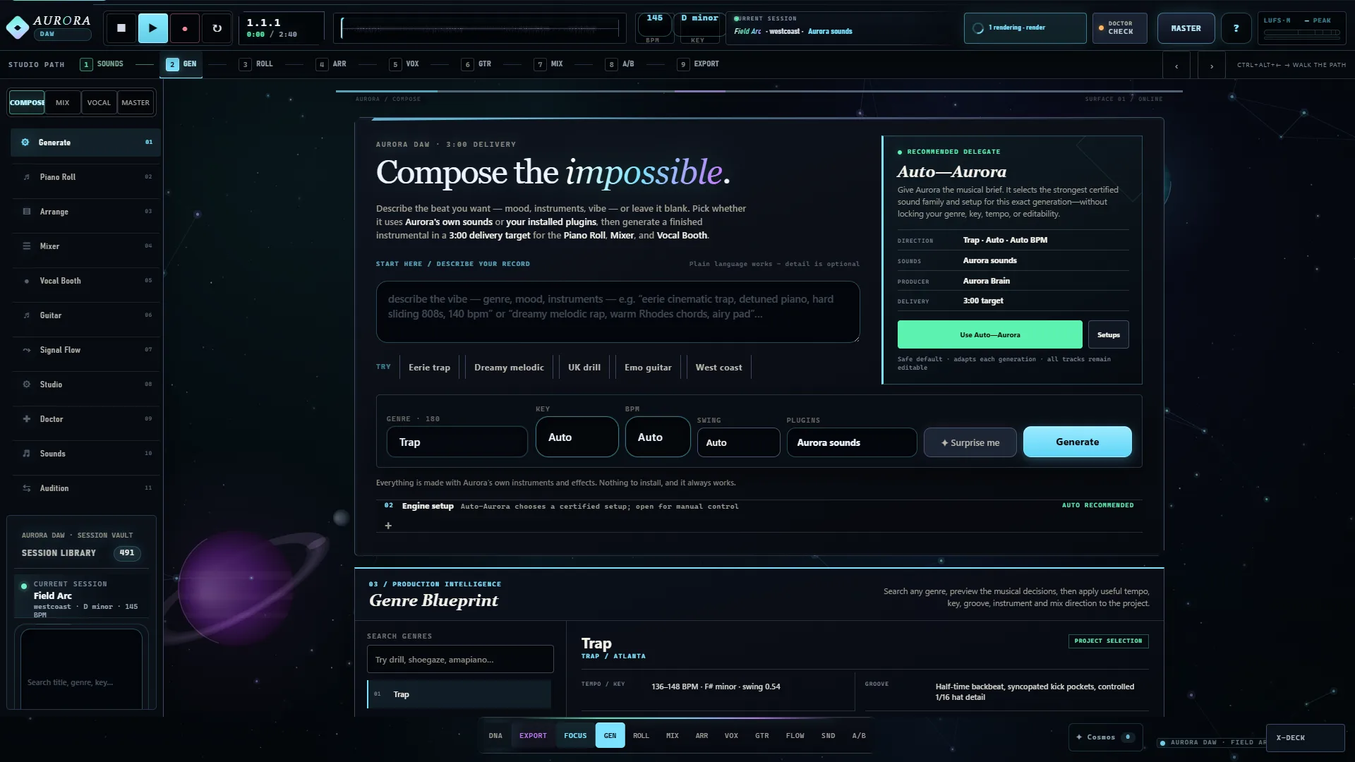 Aurora's Generate screen: Compose the impossible, a prompt box, genre Trap, and a Generate button, with the Field Arc session loaded in the vault.
