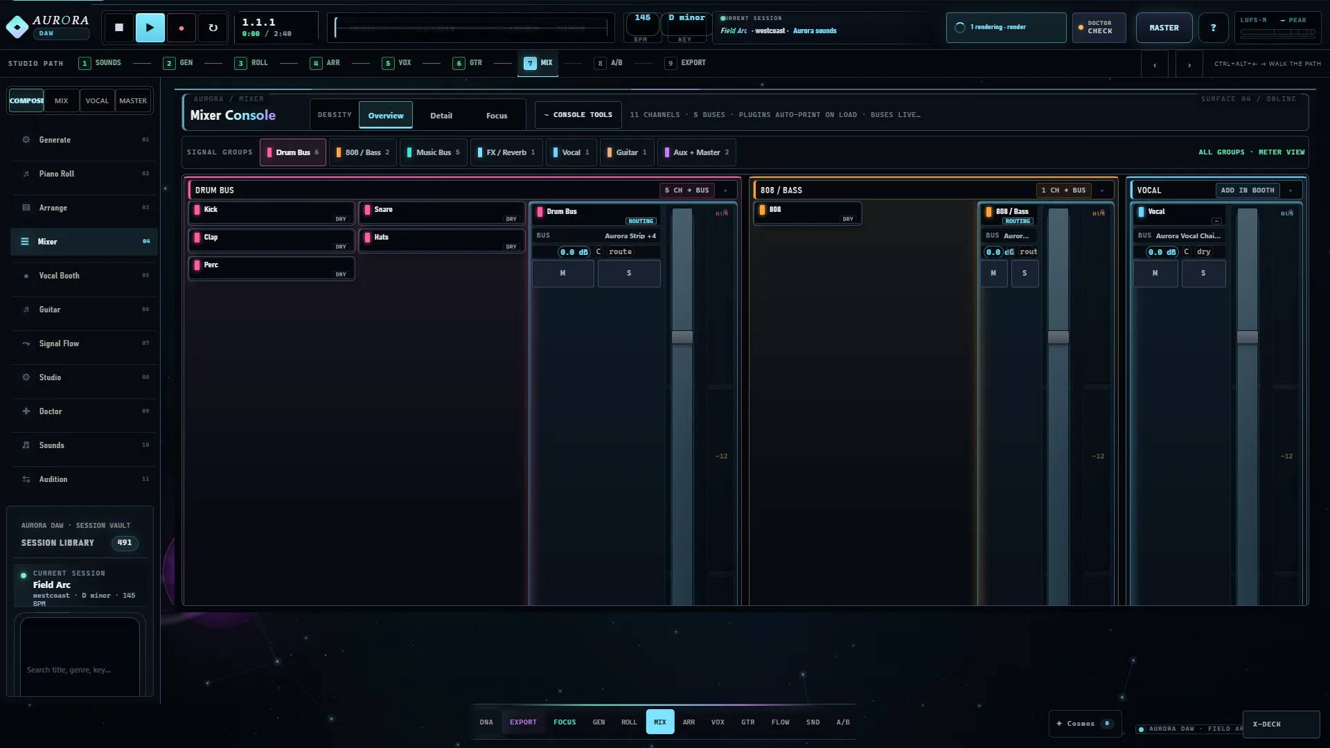 Aurora's mixer overview: drum bus, 808 bus, music bus and vocal chain, eleven channels into five buses.