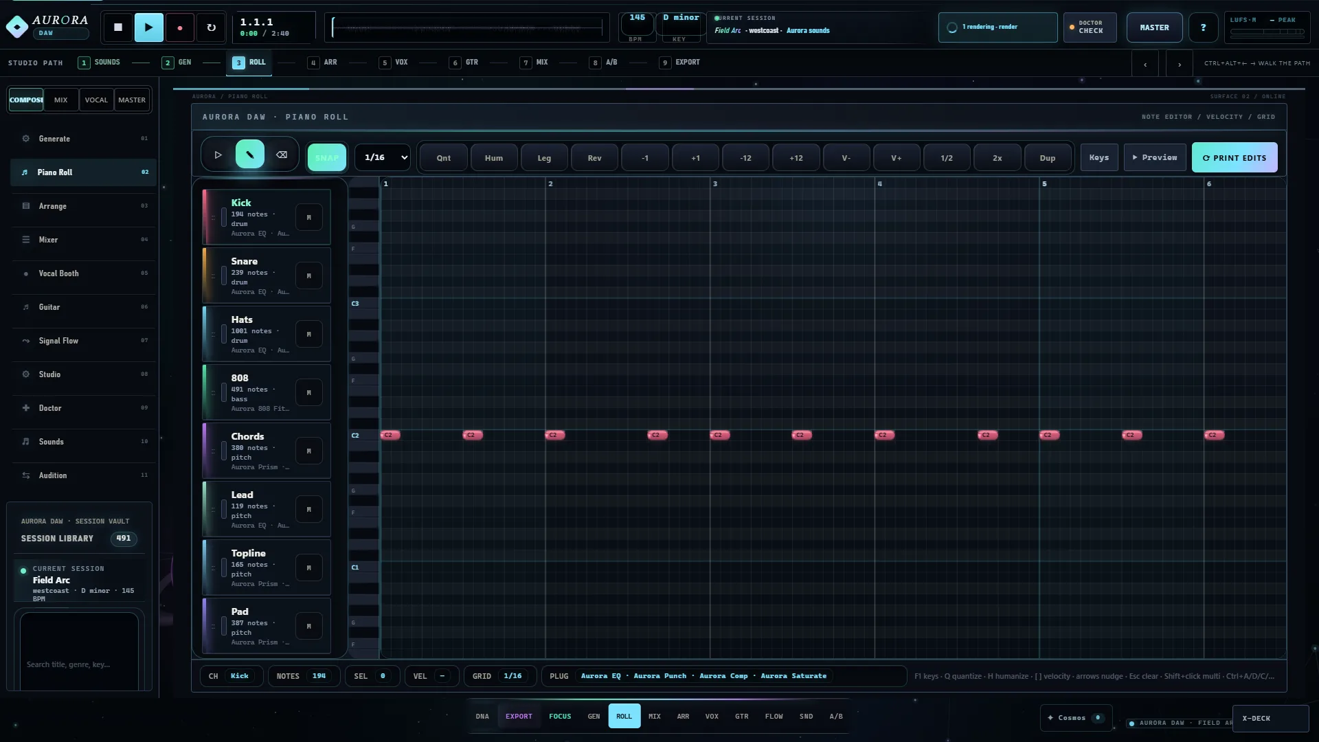 Aurora's piano roll: MIDI notes on a dark grid with kick, snare, hats, 808, chords, lead, topline and pad cards.