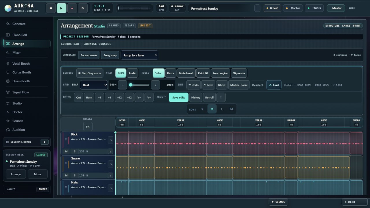 Aurora Arrangement Studio with editable instrument lanes and song sections